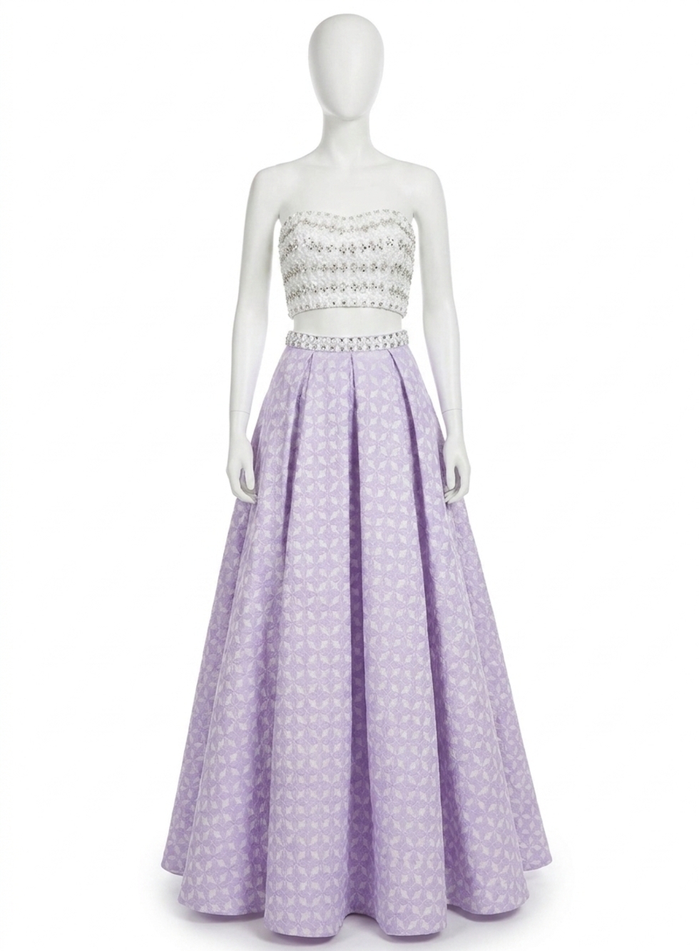 NEW RACHEL ALLAN textured two-piece strapless prom gown in white/lilac